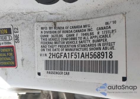 2010 Honda Civic Lx z USA, uszkodzony, nr VIN 2HGFA1F51AH568918